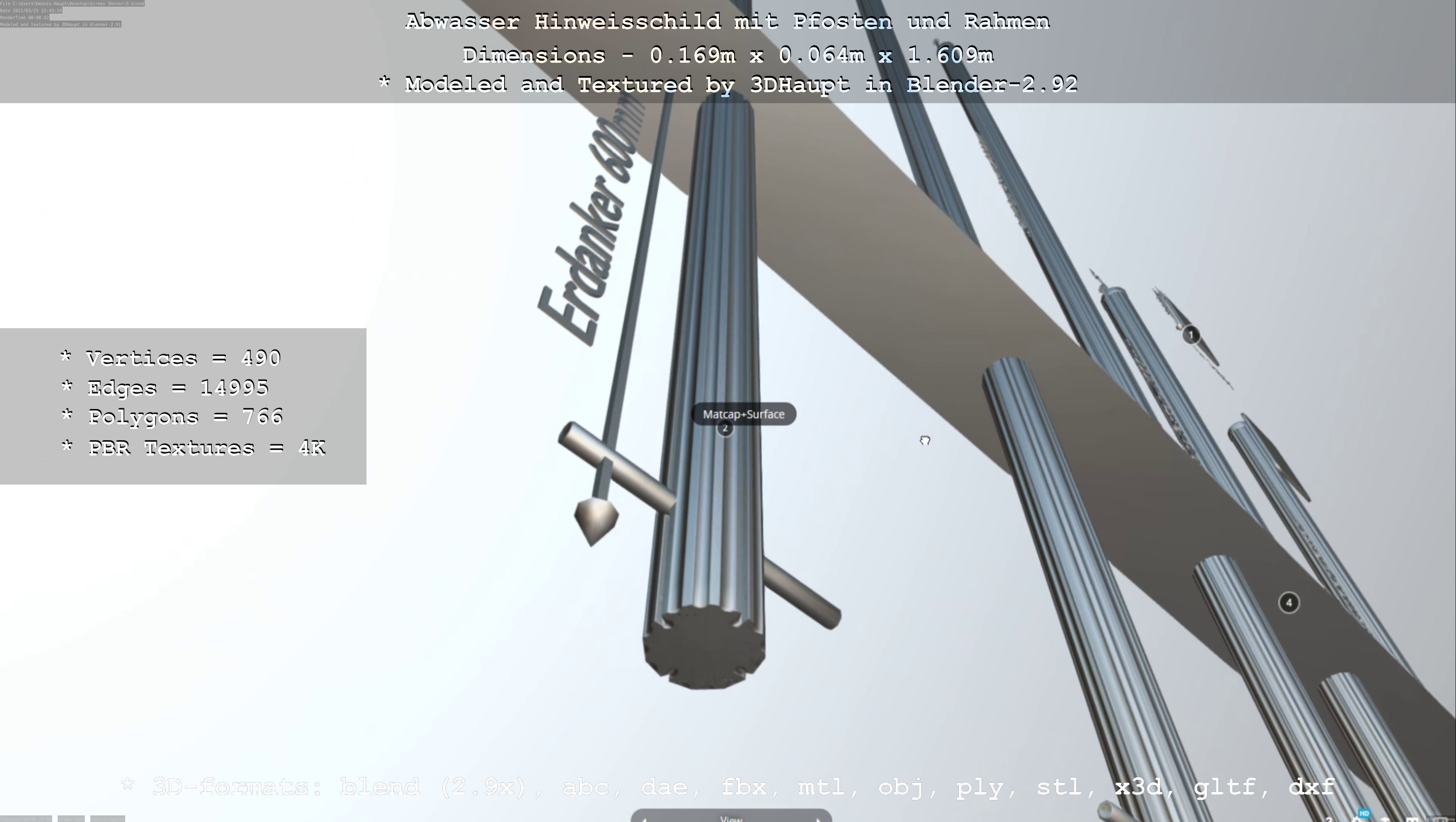 Hinweisschild Abwasser mit Pfosten und Rahmen Low-poly 3D model_43