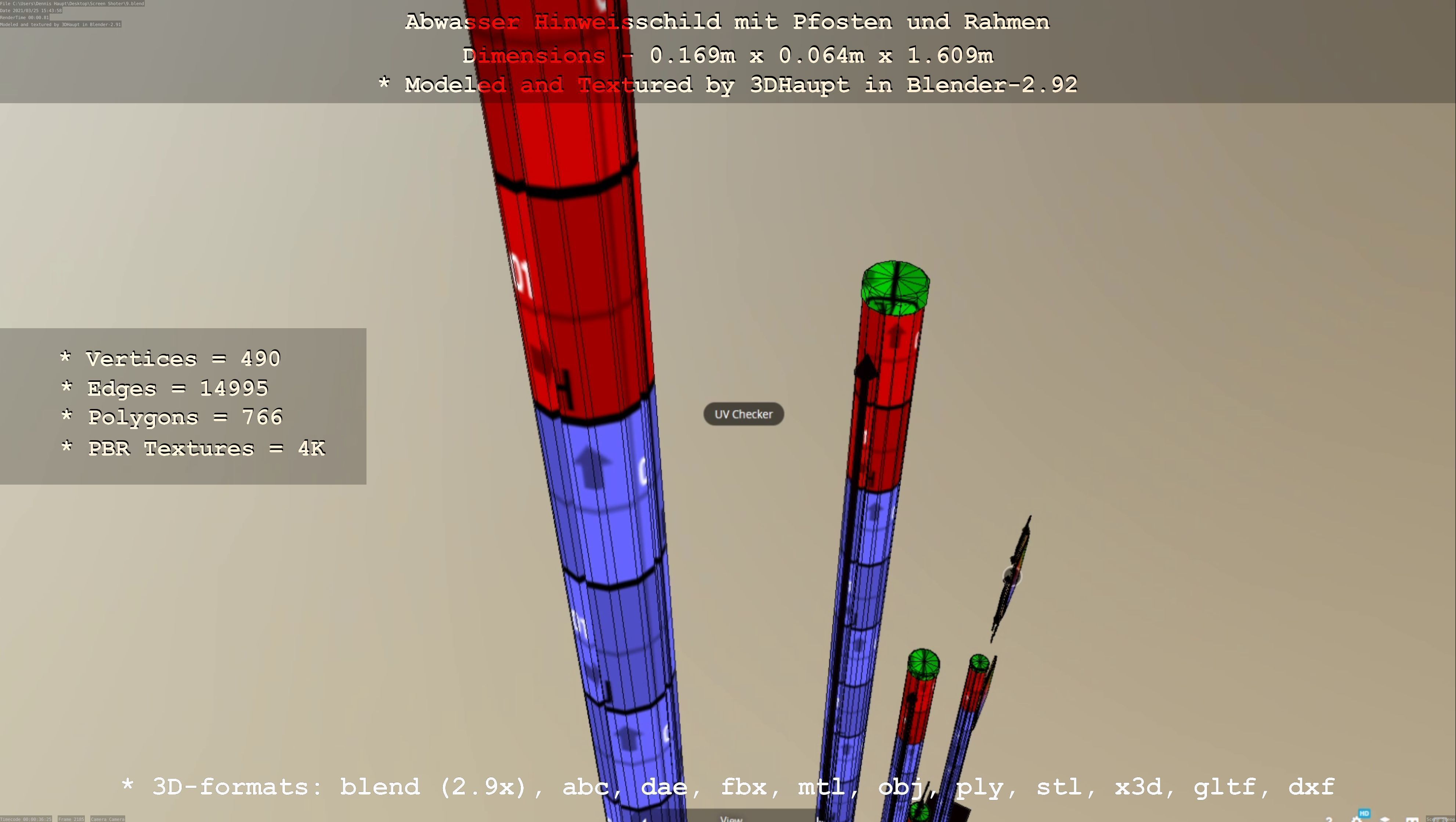 Hinweisschild Abwasser mit Pfosten und Rahmen Low-poly 3D model_64