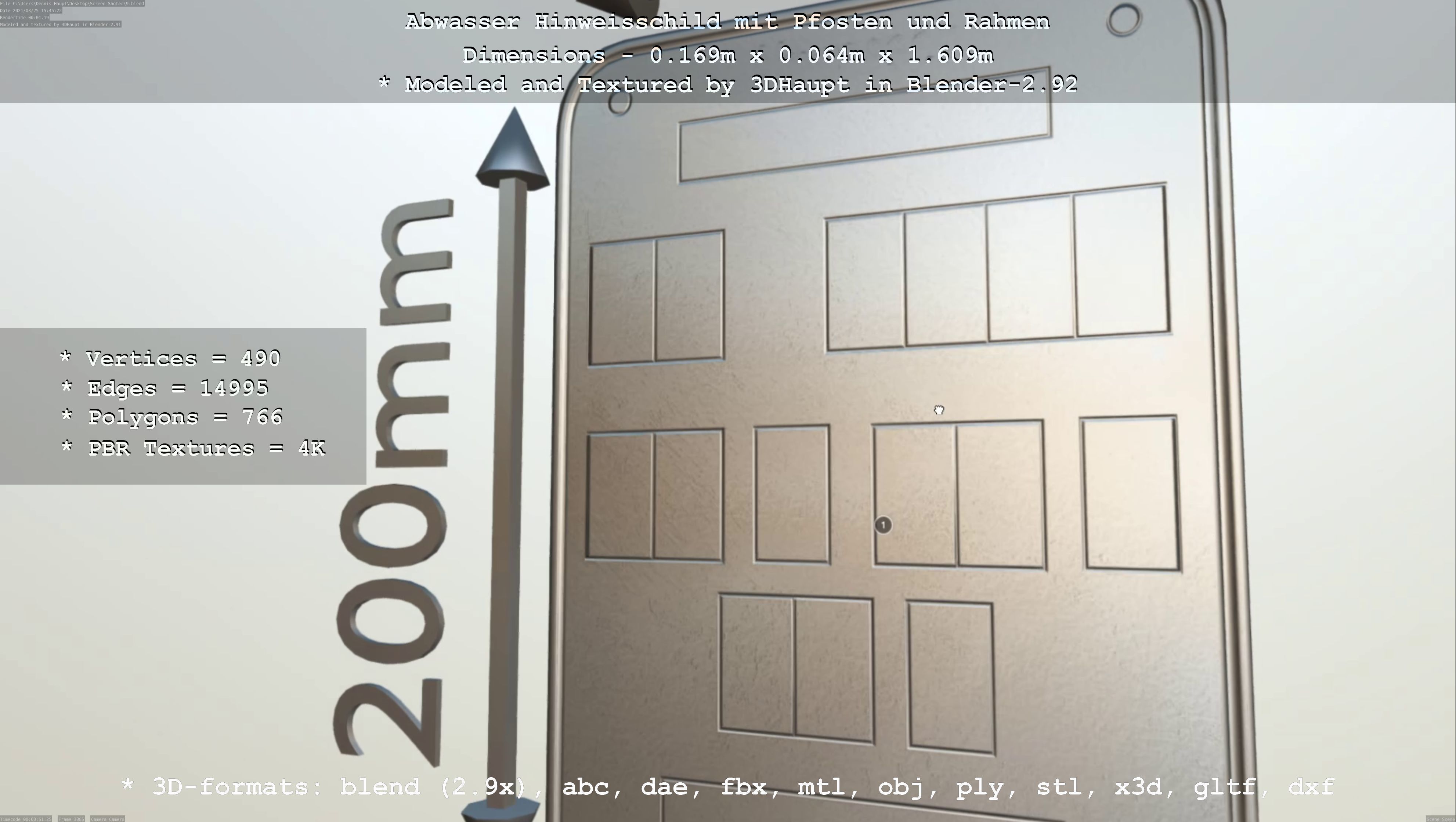 Hinweisschild Abwasser mit Pfosten und Rahmen Low-poly 3D model_26