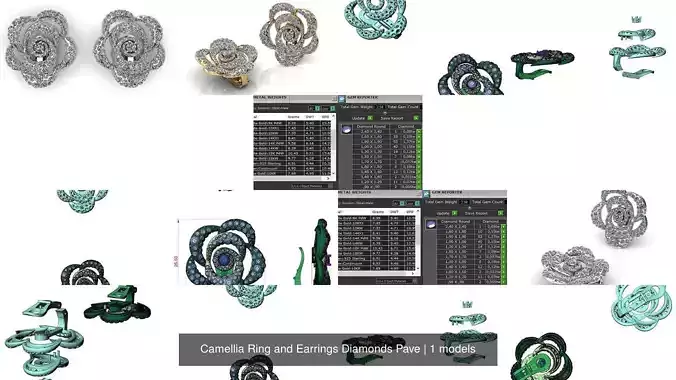 Camellia Ring and Earrings Diamonds Pave