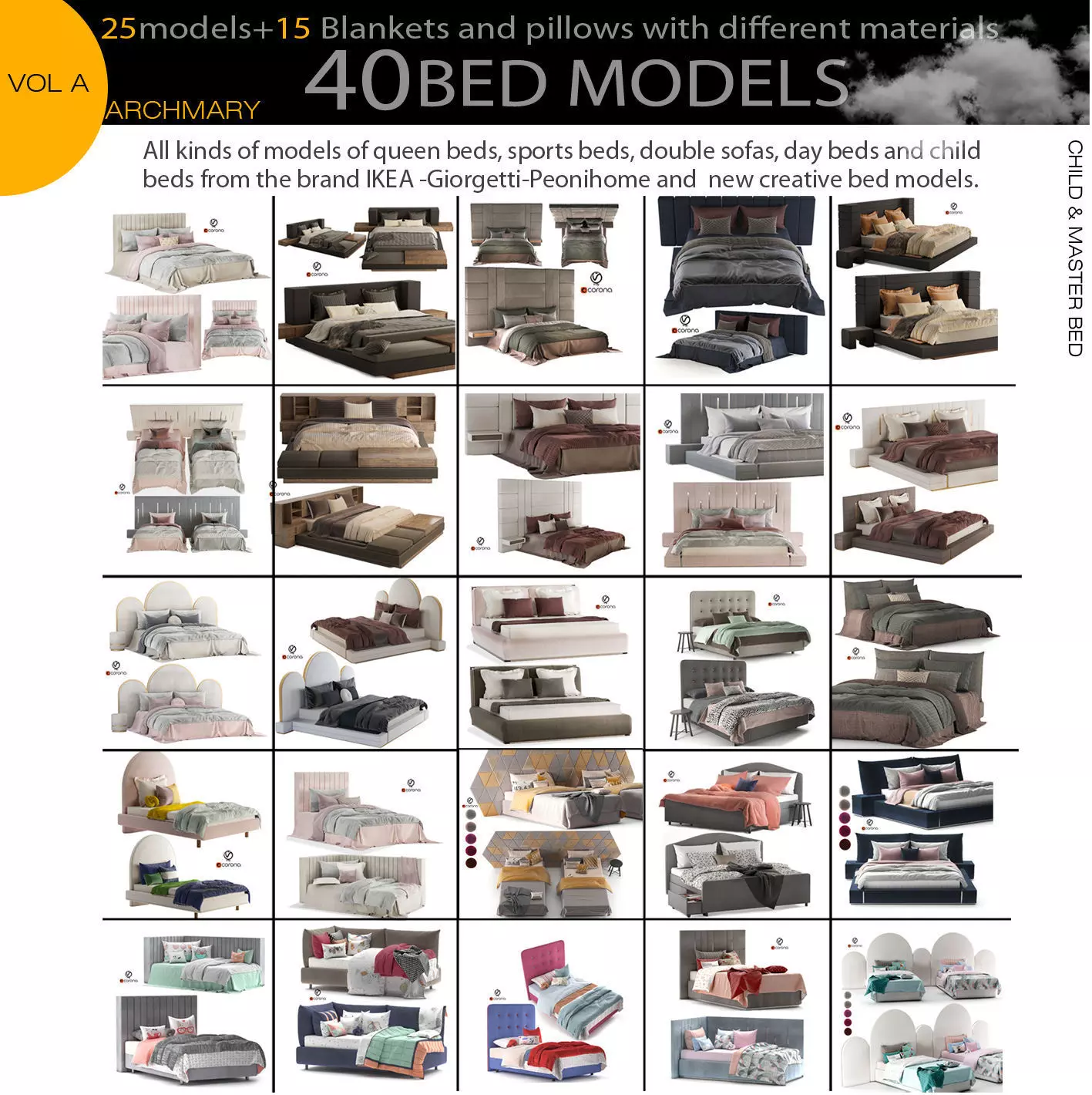 Bed collection vol A 40 BED MODELS 25 models and 15 Blankets 3D model_0
