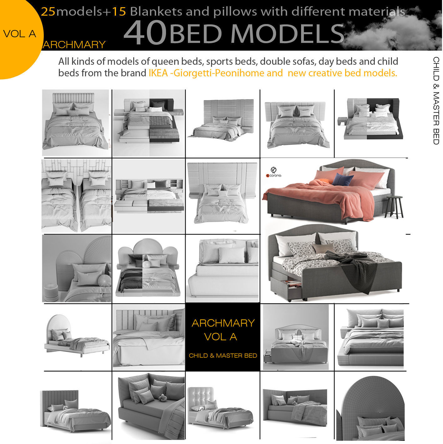 Bed collection vol A  40 BED MODELS 25 models and 15 Blankets 3D model_1