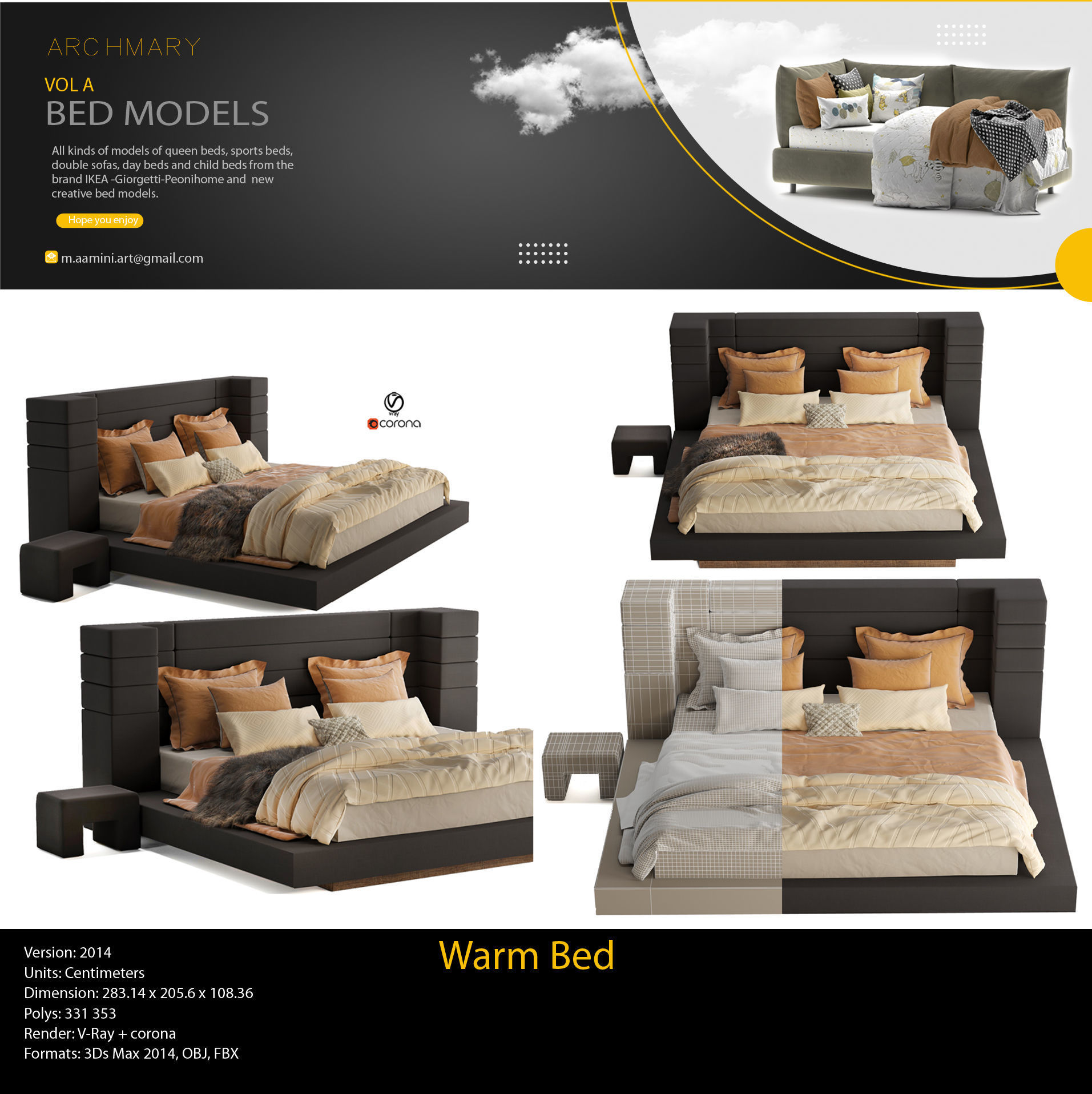 Bed collection vol A 40 BED MODELS 25 models and 15 Blankets 3D model_13