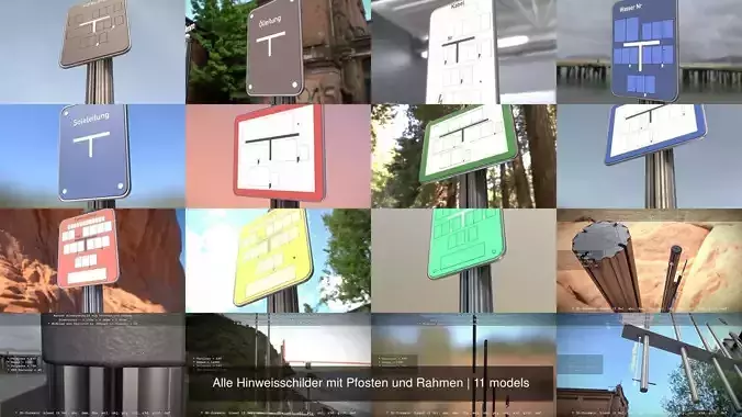 Alle Hinweisschilder mit Pfosten und Rahmen 3D Model Collection