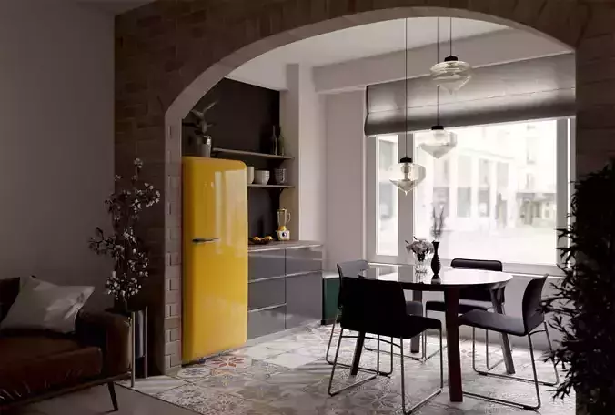 Kitchen dining room with refrigerator