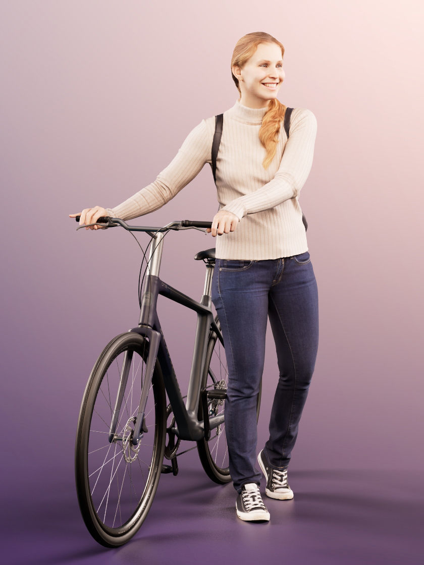 Summer 11668 - Casual Woman Pushing Her Bike With Bag 3D model_2