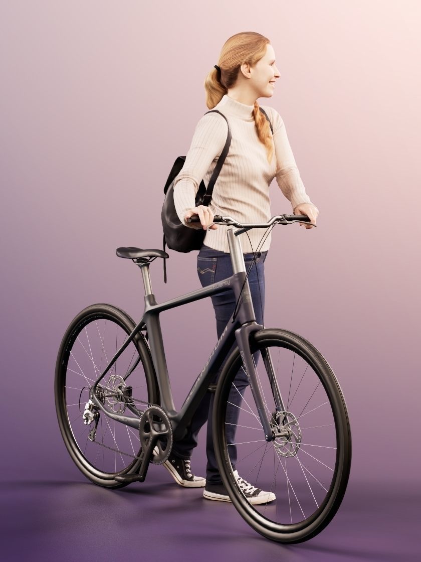 Summer 11668 - Casual Woman Pushing Her Bike With Bag 3D model_3