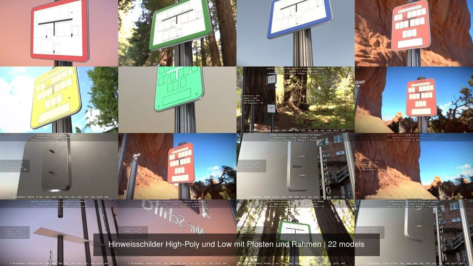 Hinweisschilder High-Poly und Low mit Pfosten und Rahmen 3D Model Collection_0