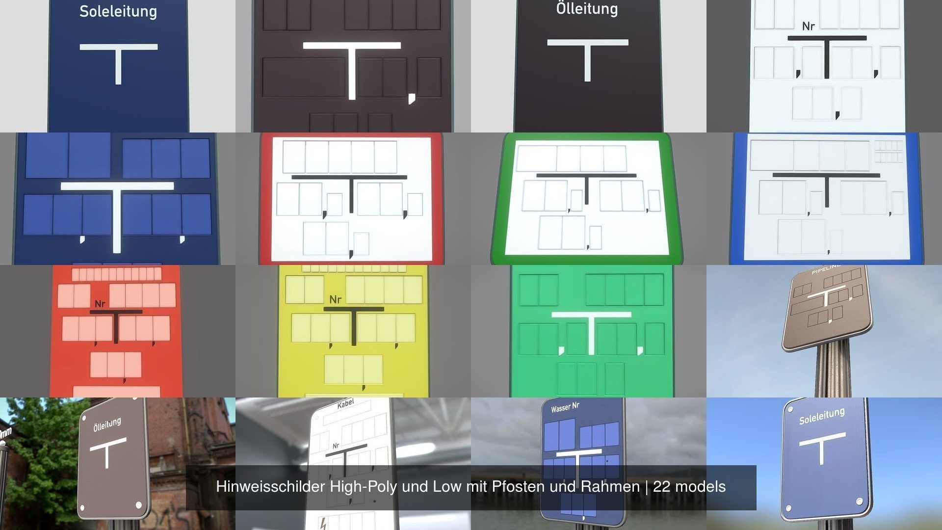 Hinweisschilder High-Poly und Low mit Pfosten und Rahmen 3D Model Collection_23