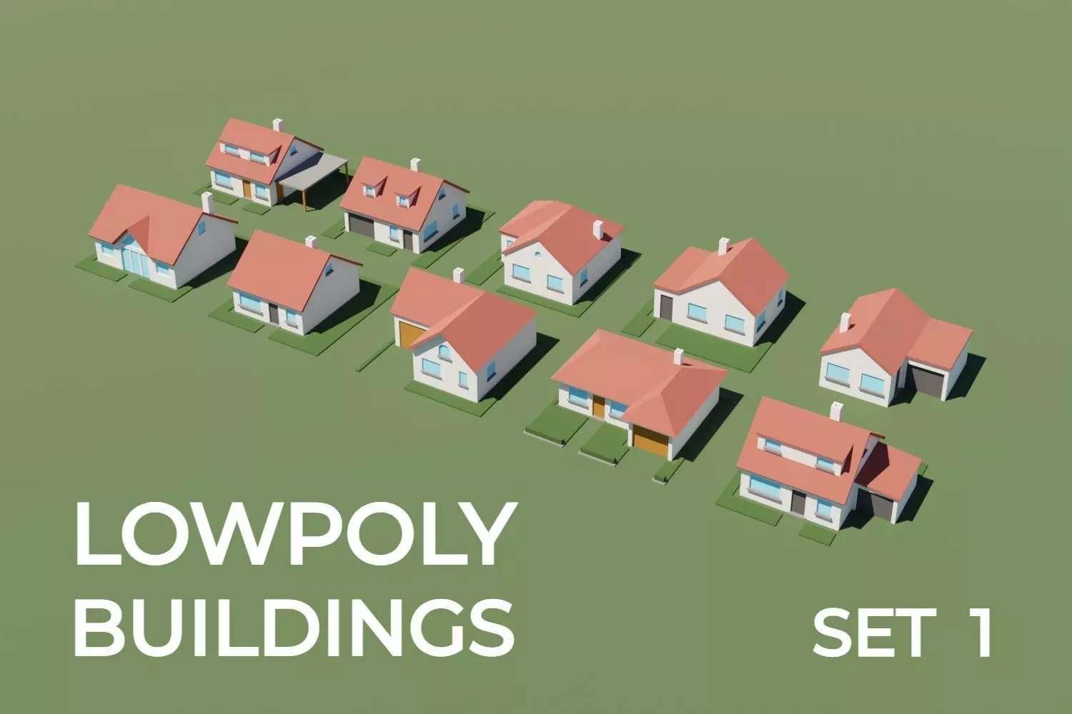 Lowpoly Buildings Set 1 house on grassy field Low-poly 3D model_0