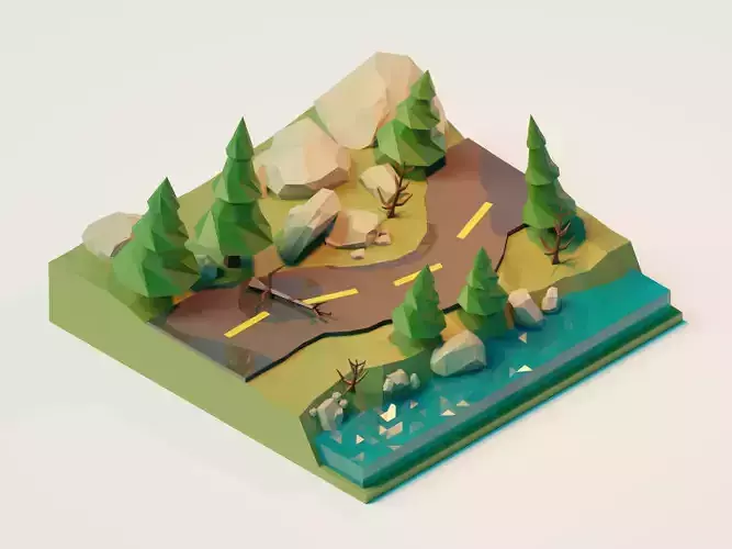 Low poly nature landscape with trees and road