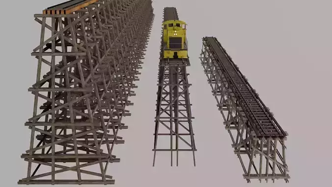 Locomotive and three bridge trestle complete materials PBR 3D Model Collection
