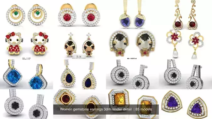 85 Women gemstone earrings 3dm render detail  3D Model Collection