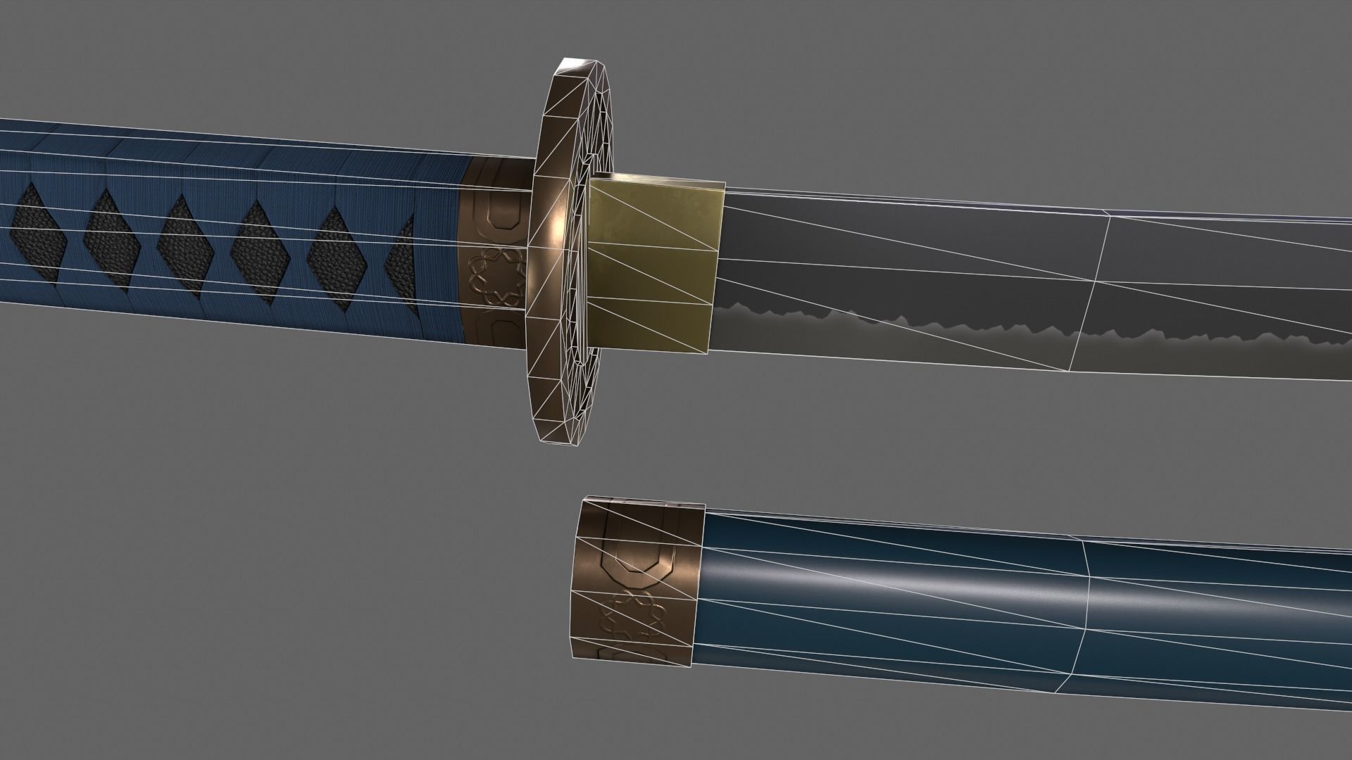PBR Katana Japanese Sword Blue V2 Low-poly 3D model_13