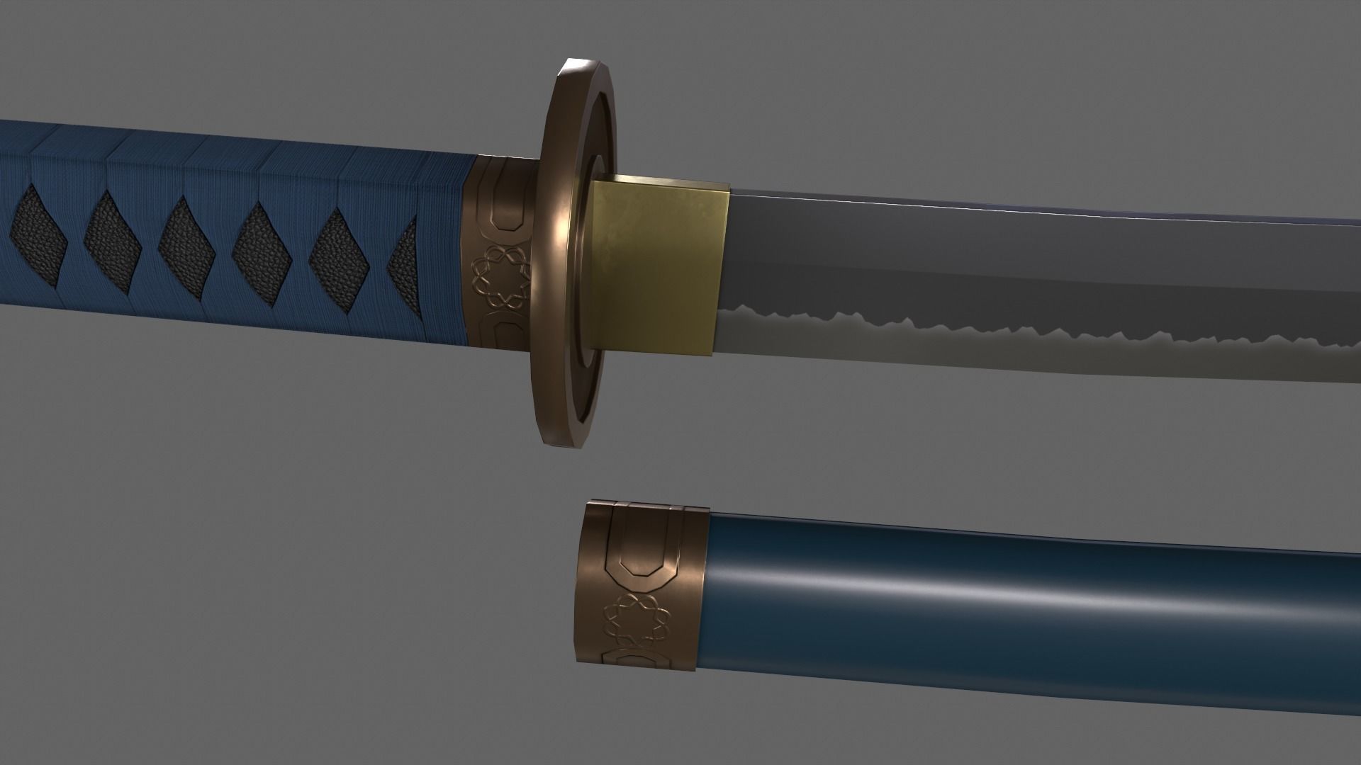 PBR Katana Japanese Sword Blue V2 Low-poly 3D model_12