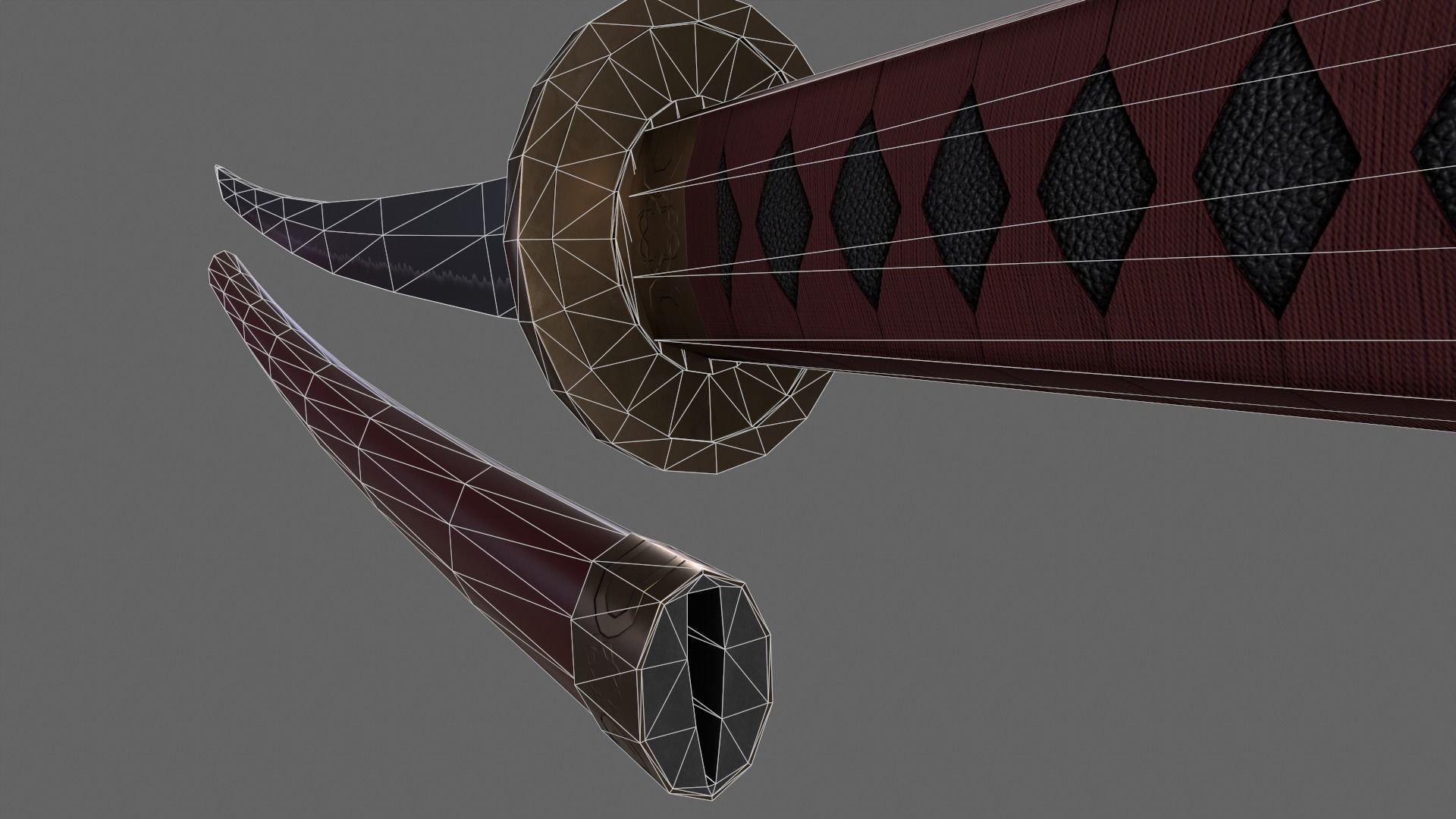 PBR Katana Japanese Sword Red V2 Low-poly 3D model_17