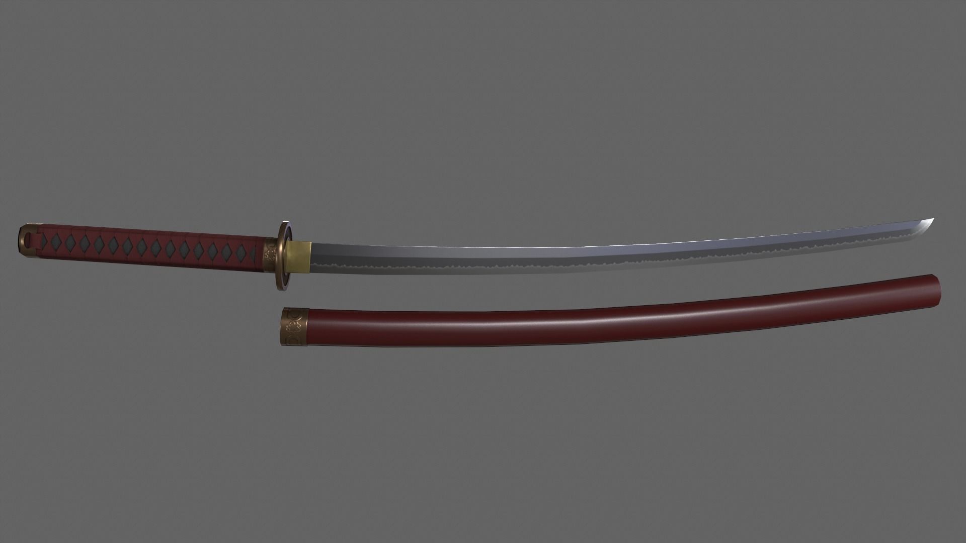 PBR Katana Japanese Sword Red V2 Low-poly 3D model_2
