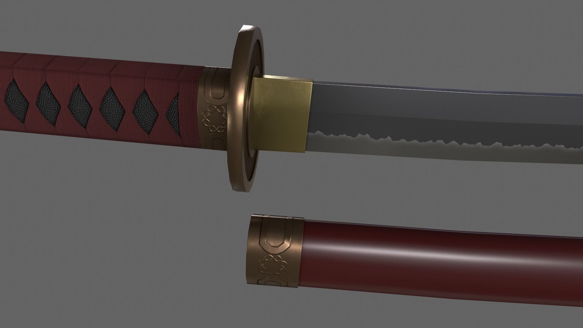 PBR Katana Japanese Sword Red V2 Low-poly 3D model_12
