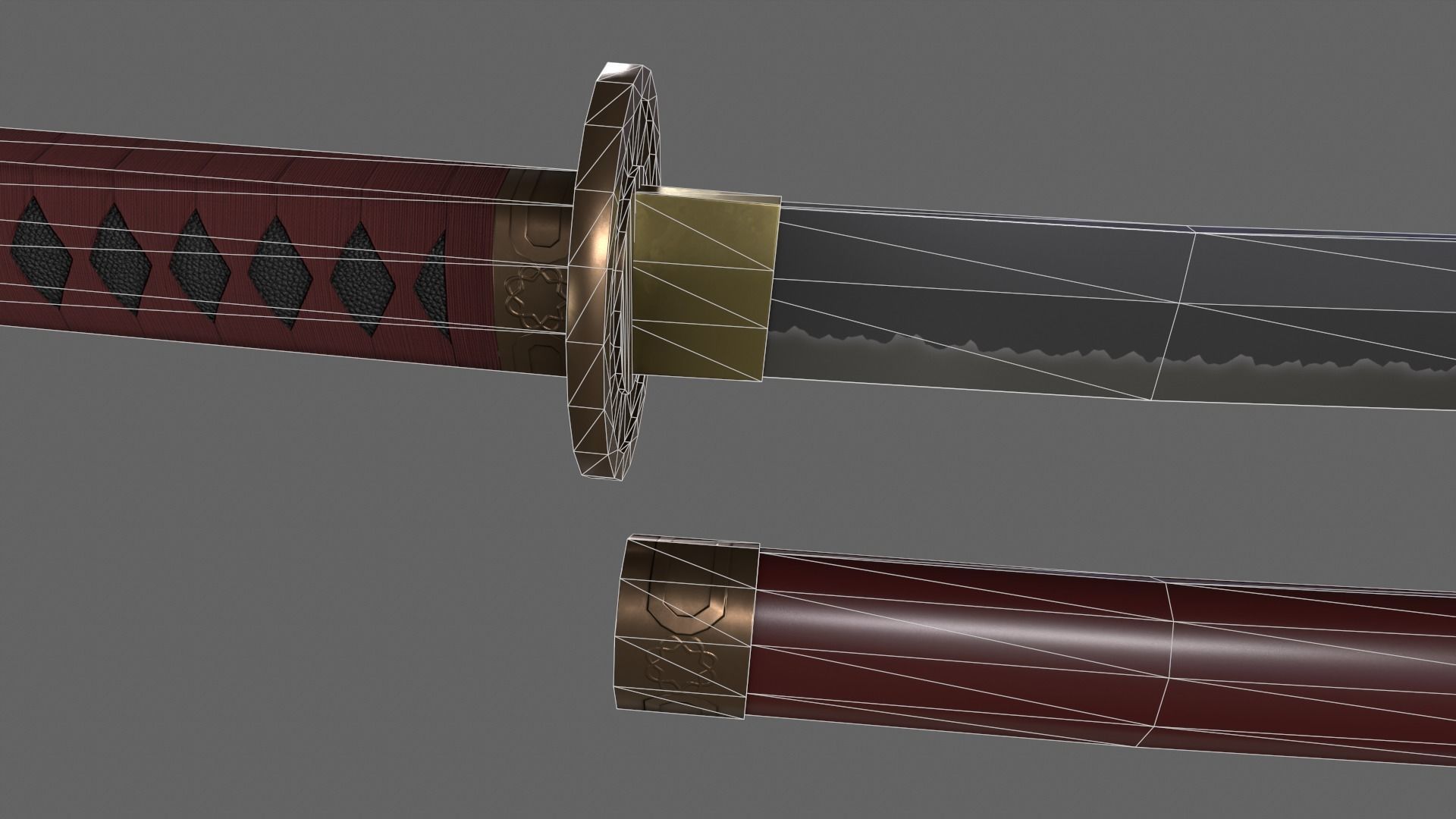PBR Katana Japanese Sword Red V2 Low-poly 3D model_13