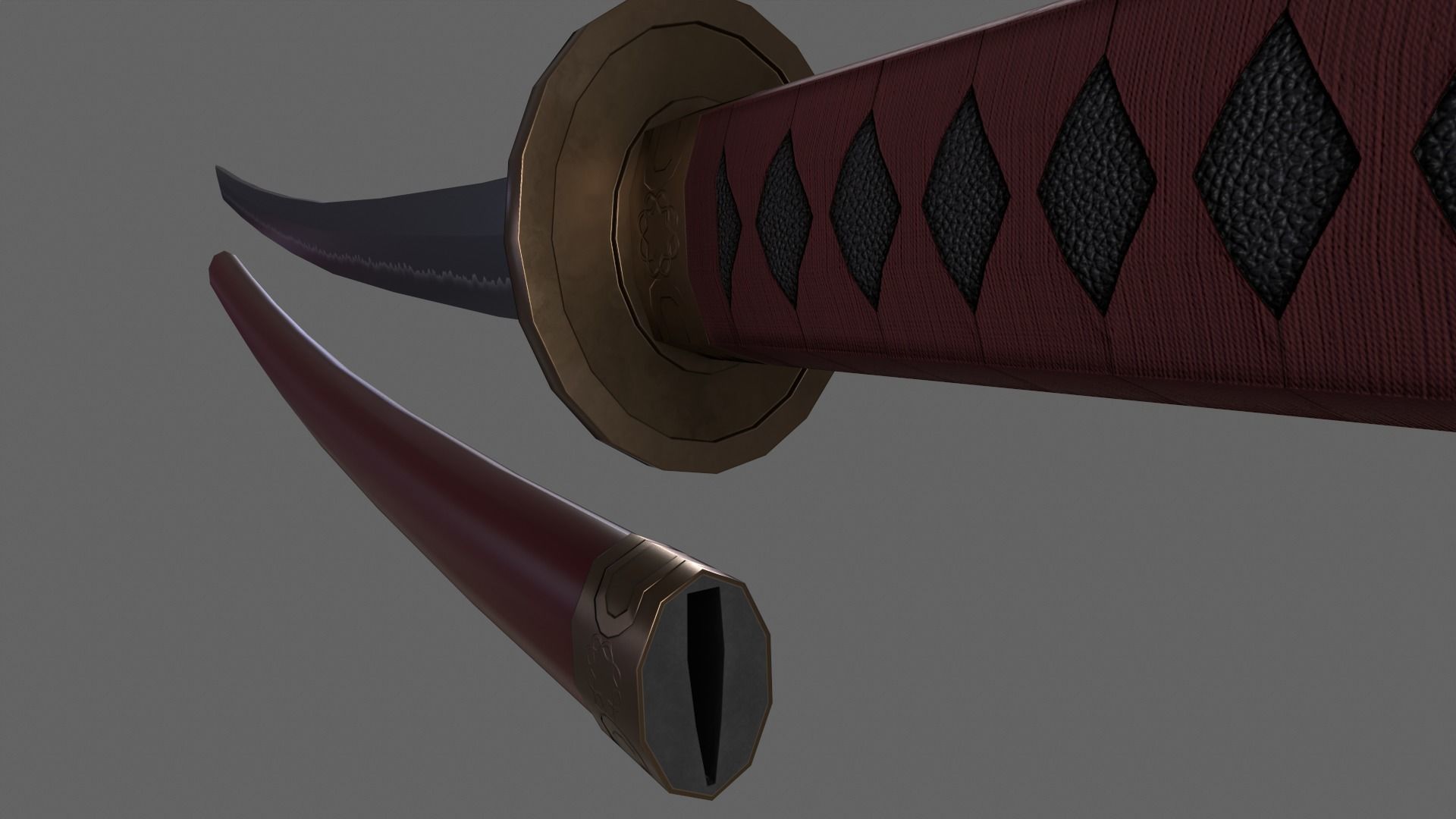PBR Katana Japanese Sword Red V2 Low-poly 3D model_16