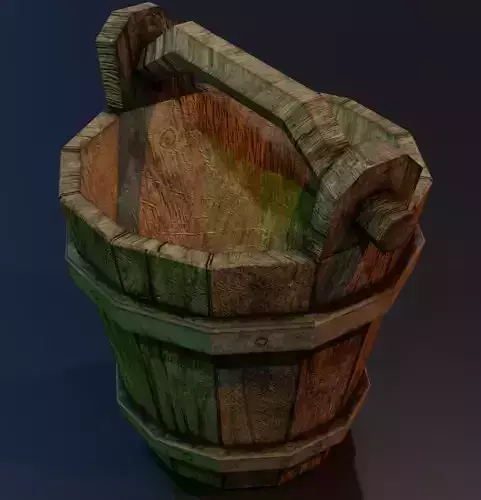 Wooden bucket with metal rings and contamination elements