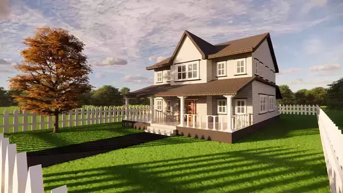3D Villa 5 Model house with picket fence 3D model