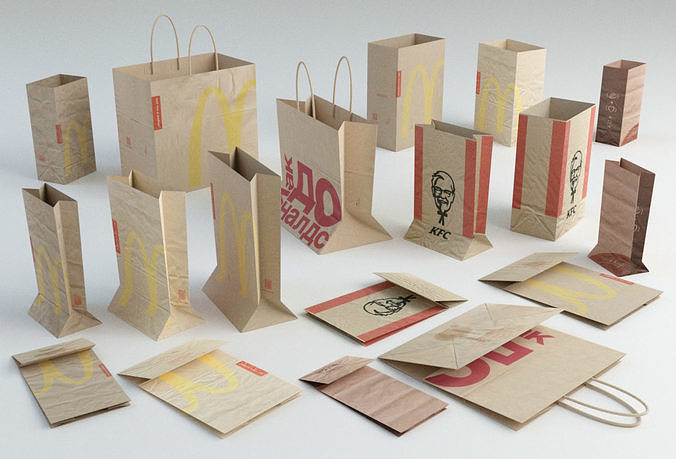 Fastfood paper bags set Low-poly 3D model