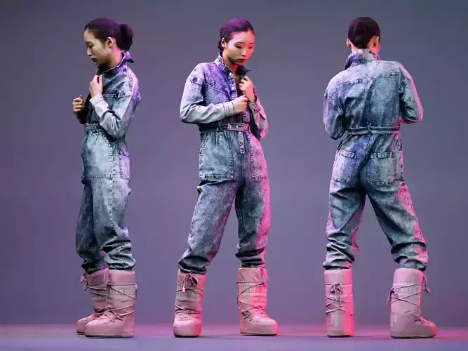 Asian wearing Jeans Salopet Posing in Pink Moonboots
