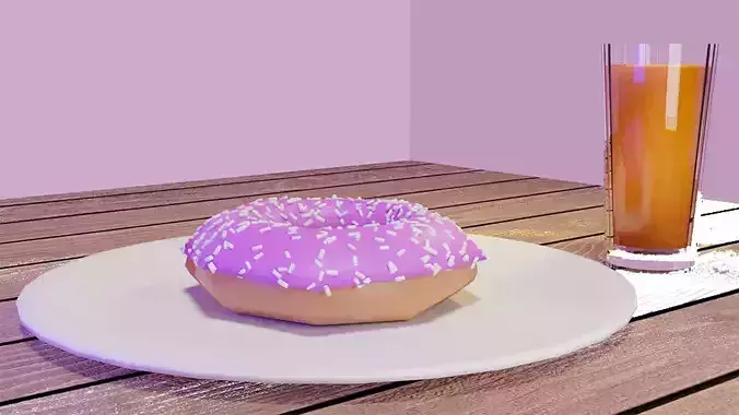 Breakfast donut on plate with glass of juice