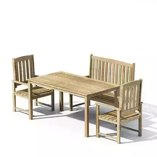 Wooden Garden Table With Two Chairs And A Bench