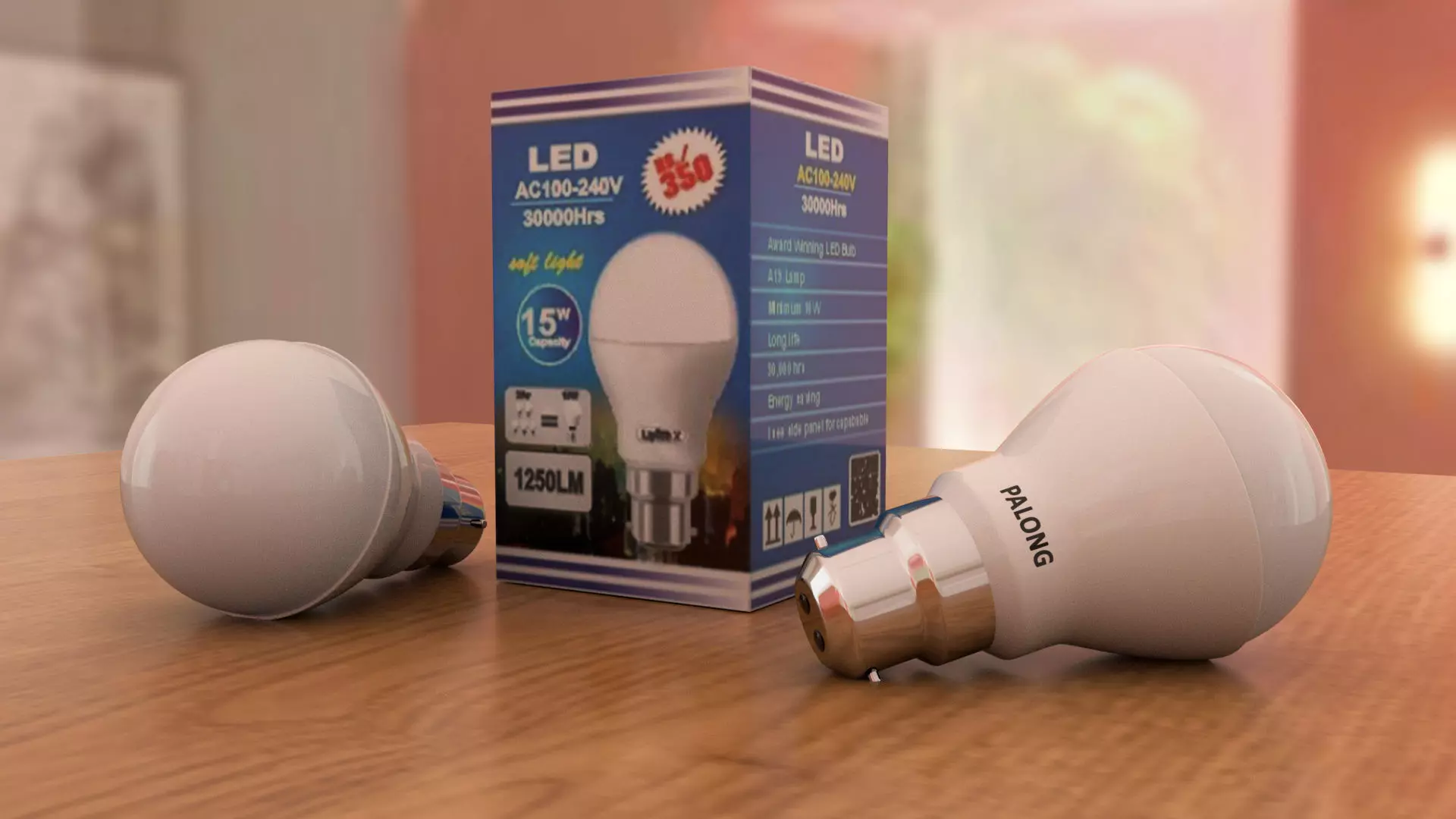 tubelight two led bulbs on wooden table 3D model_0