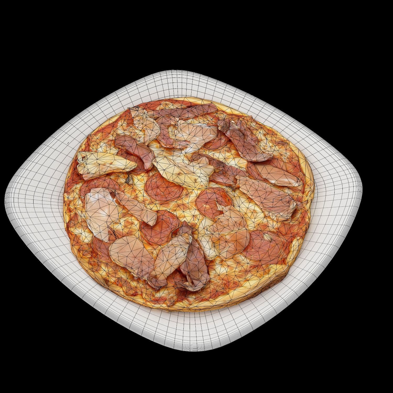 Pizza with meat and cheese on plate Low-poly 3D model_8
