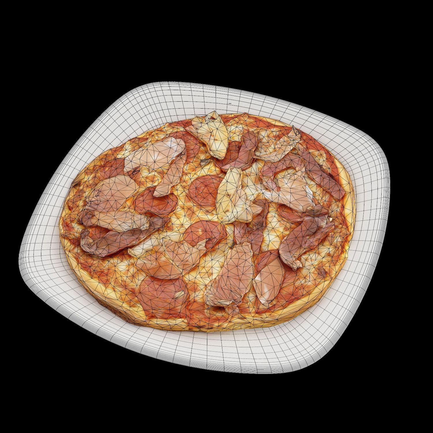Pizza with meat and cheese on plate Low-poly 3D model_7