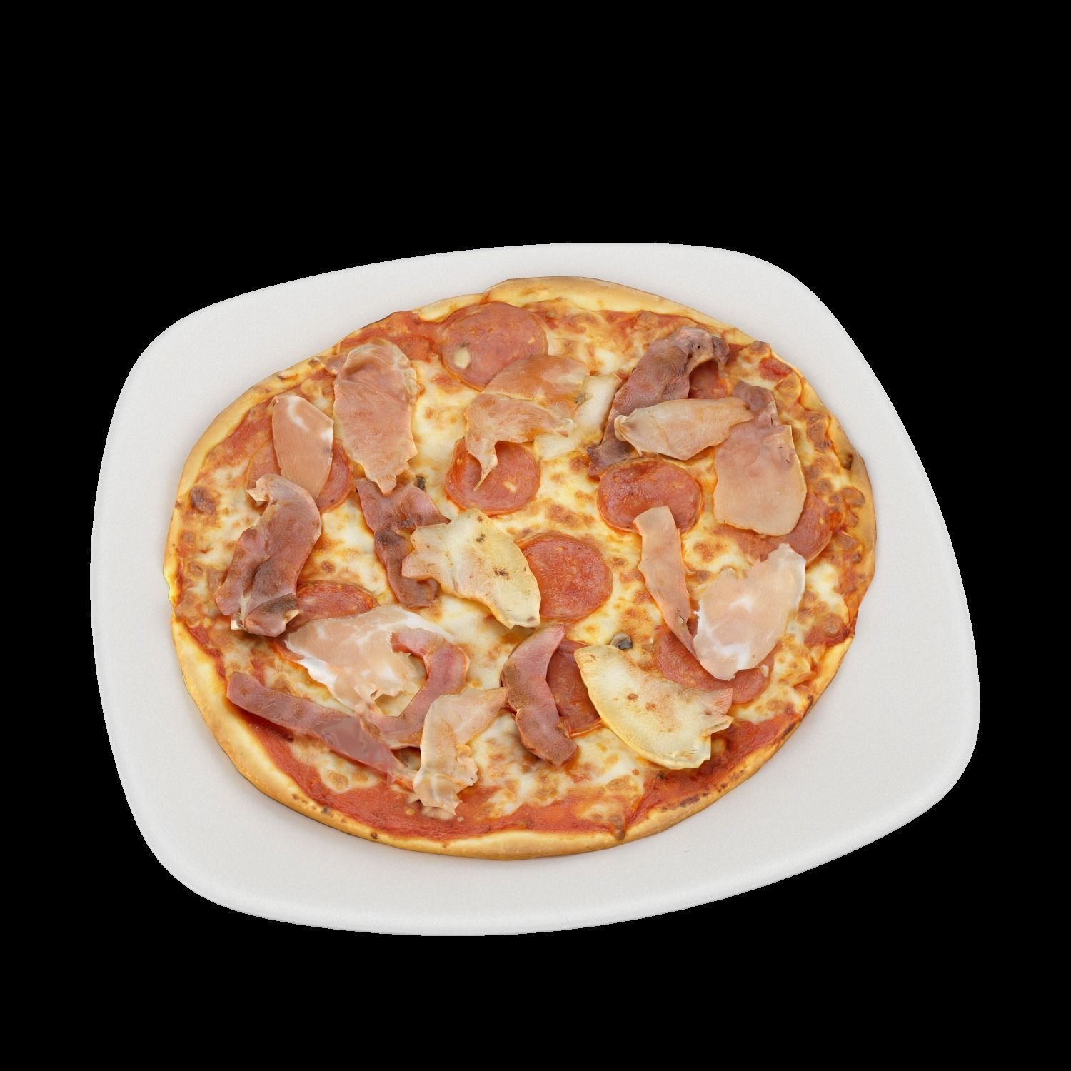 Pizza with meat and cheese on plate Low-poly 3D model_5