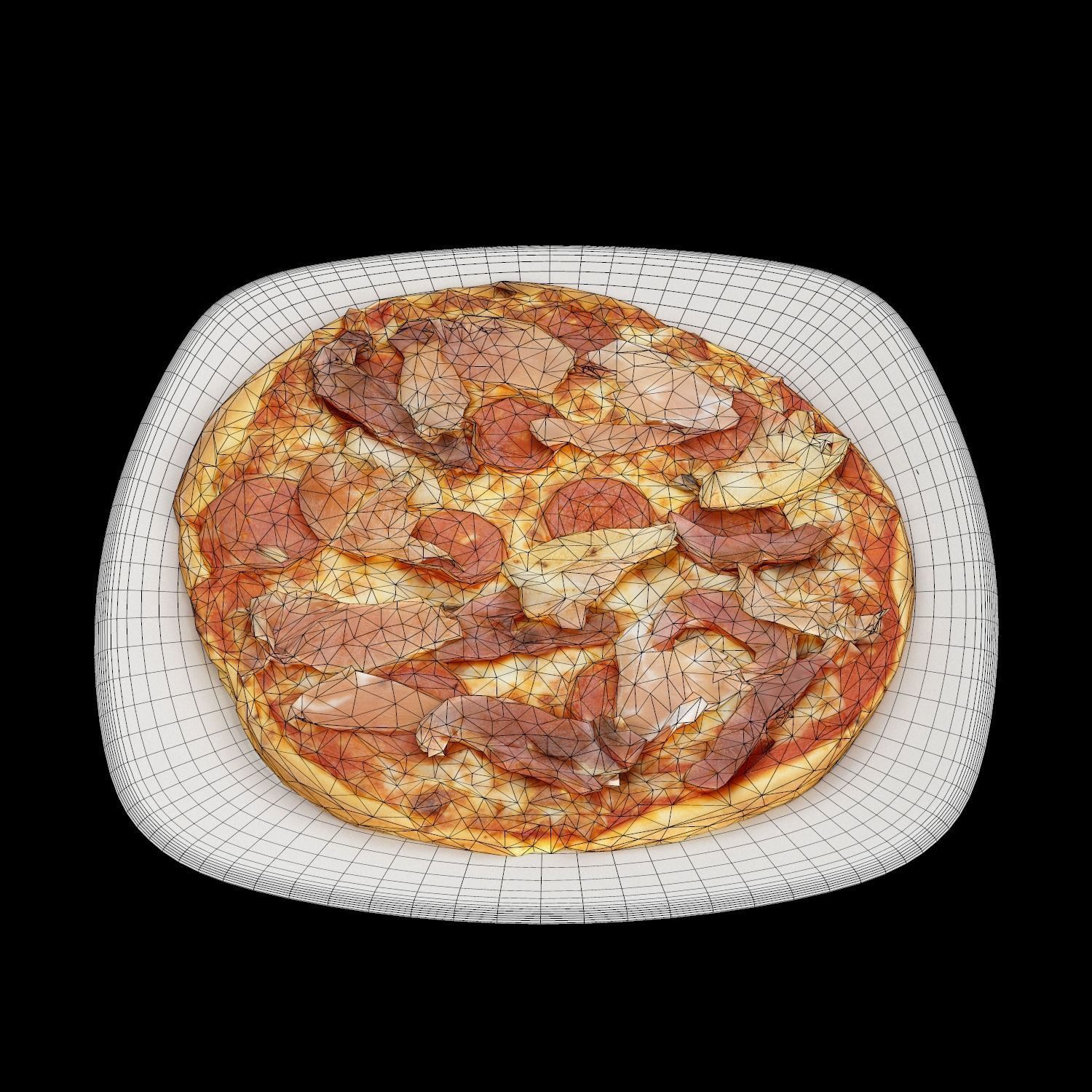 Pizza with meat and cheese on plate Low-poly 3D model_6