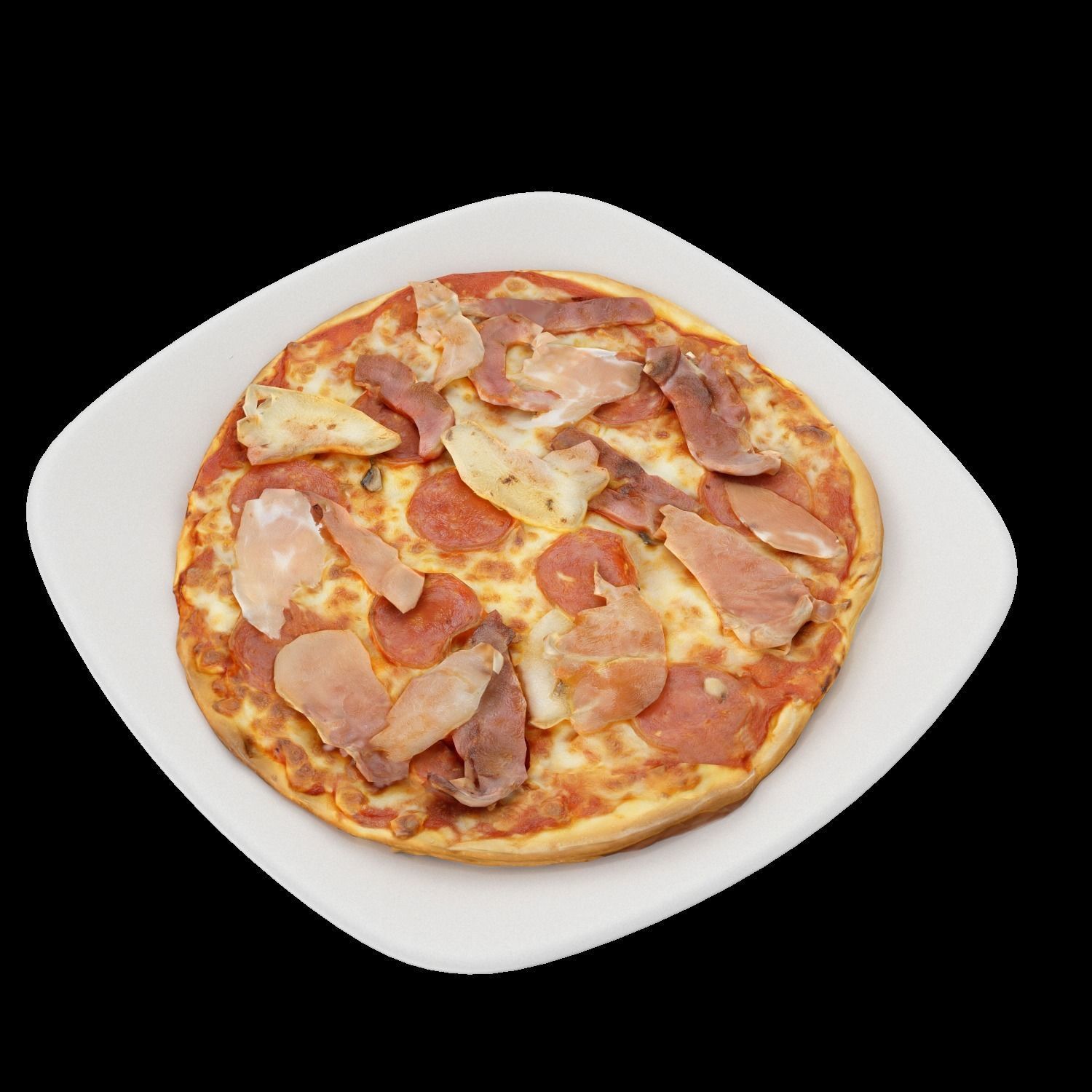 Pizza with meat and cheese on plate Low-poly 3D model_3
