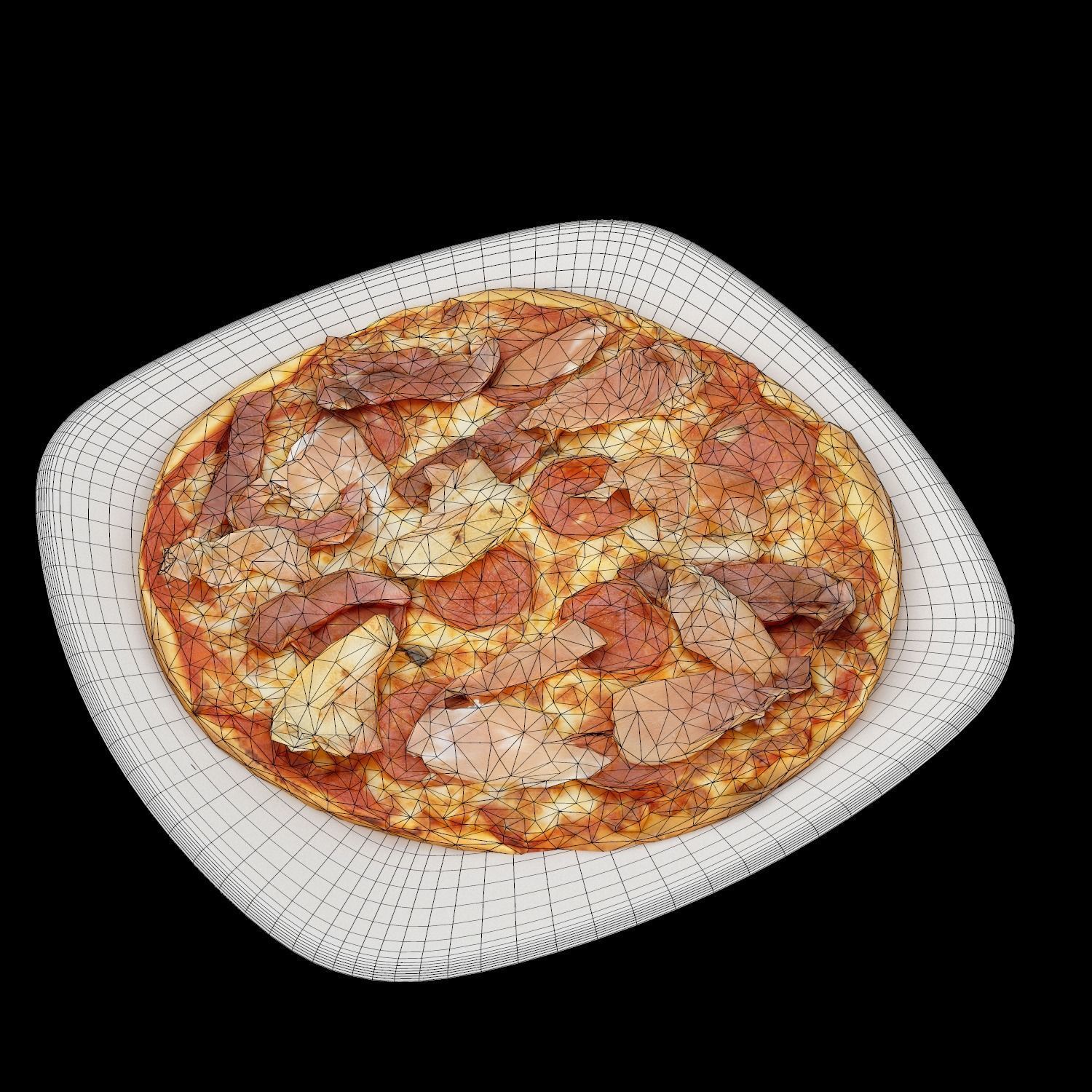 Pizza with meat and cheese on plate Low-poly 3D model_9