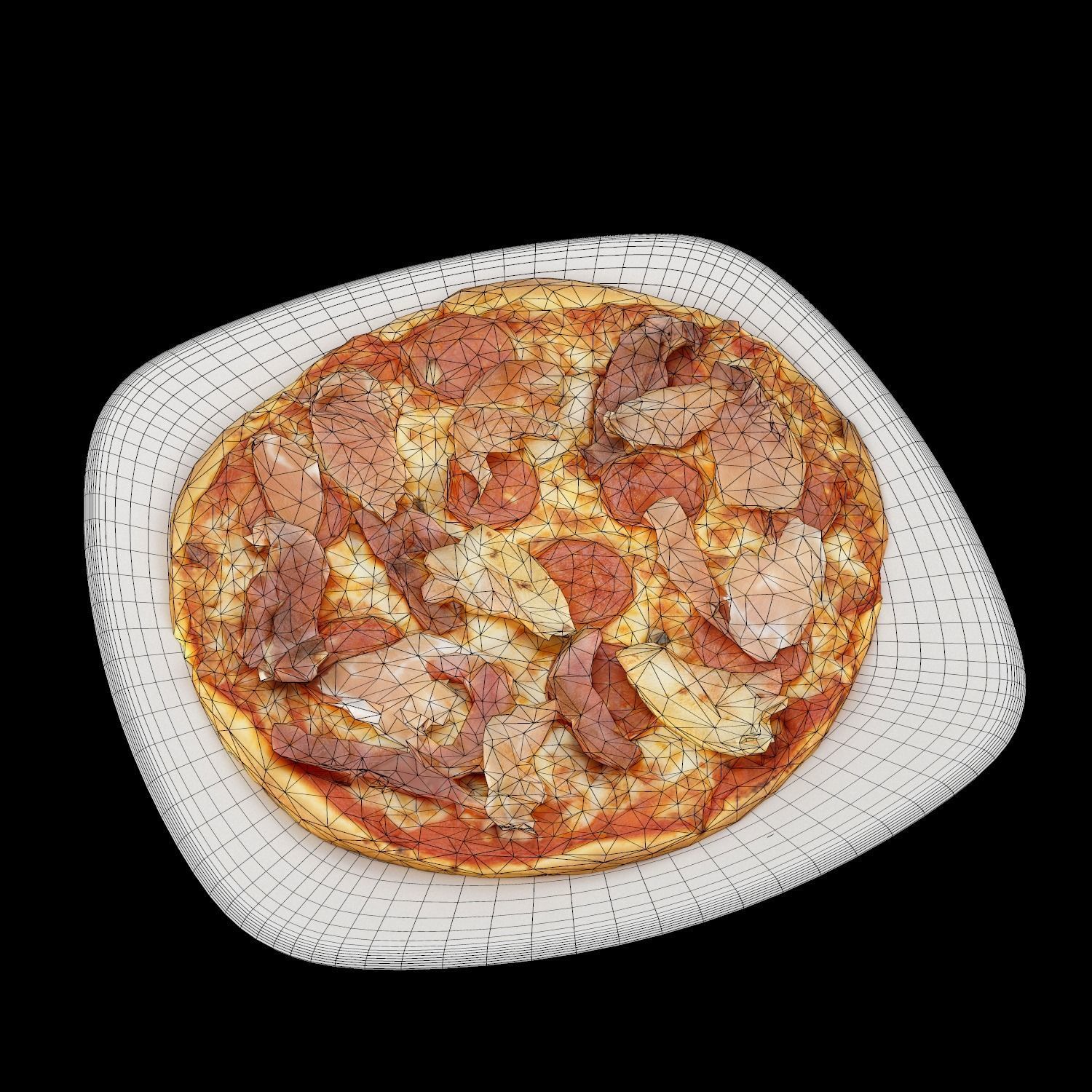 Pizza with meat and cheese on plate Low-poly 3D model_11