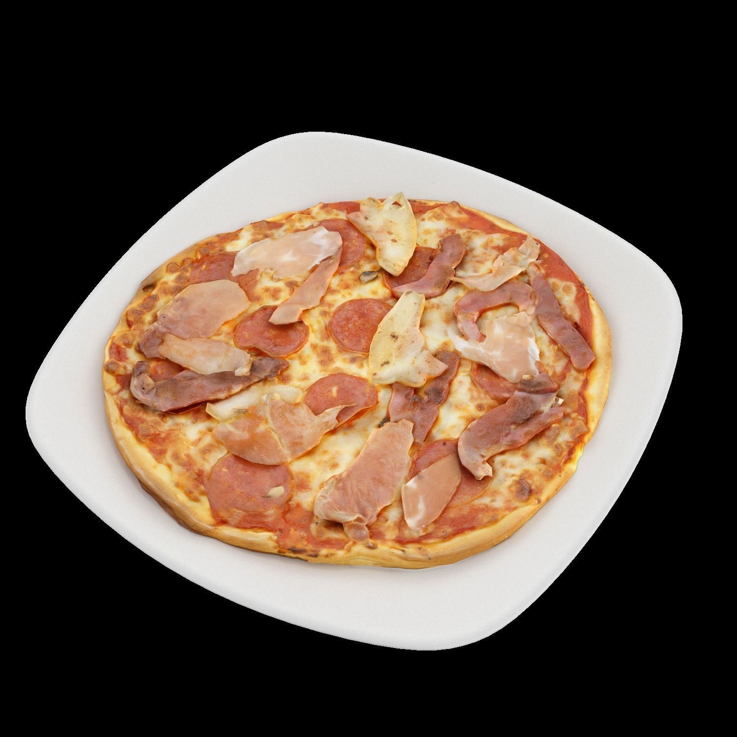 Pizza with meat and cheese on plate Low-poly 3D model_2