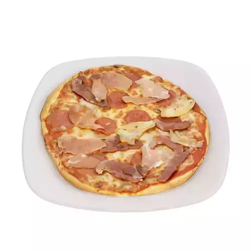 Pizza with meat and cheese on plate Low-poly 3D model