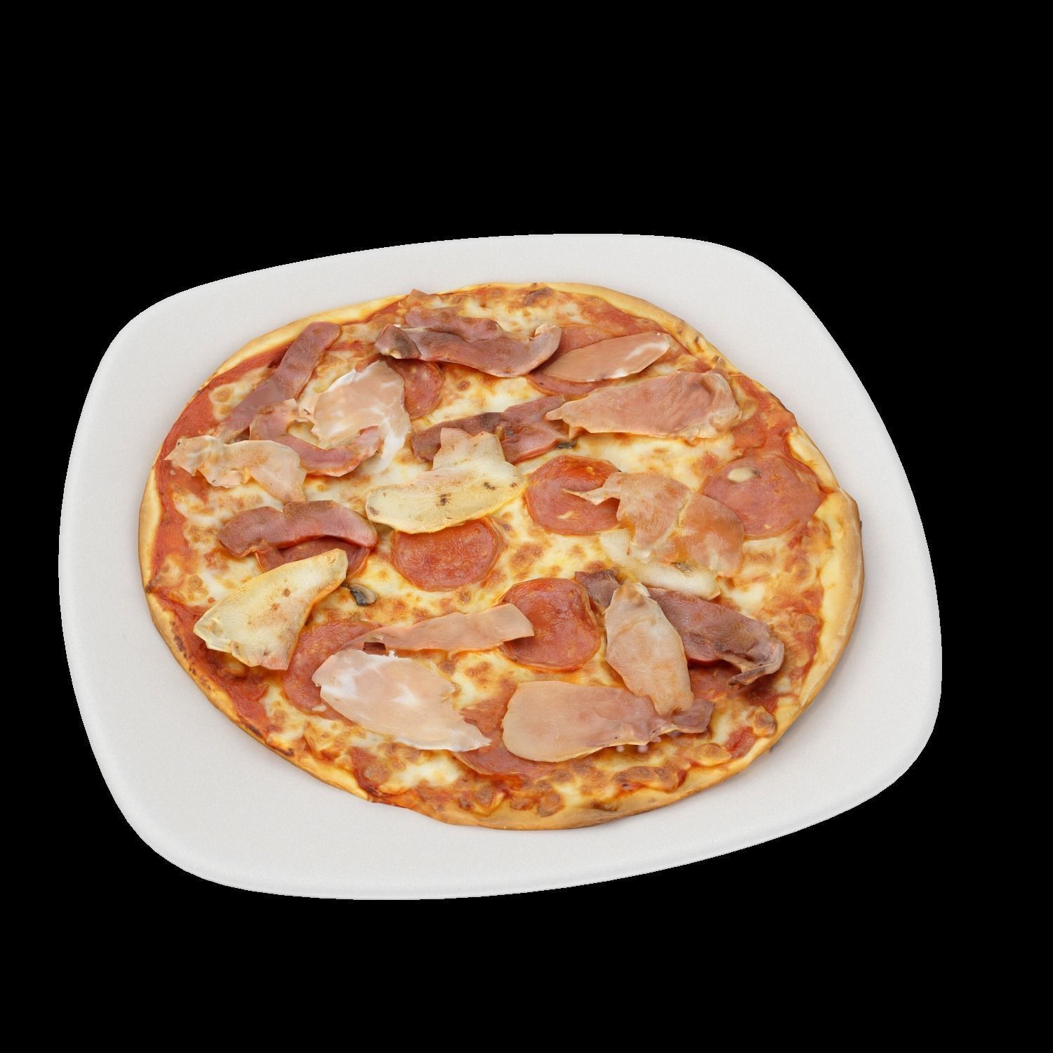 Pizza with meat and cheese on plate Low-poly 3D model_4