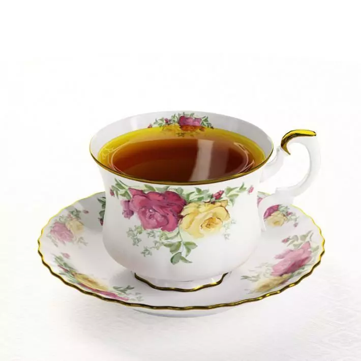 White Porcelain Teacup And A Plate With Tea And Floral Design 3D model_0