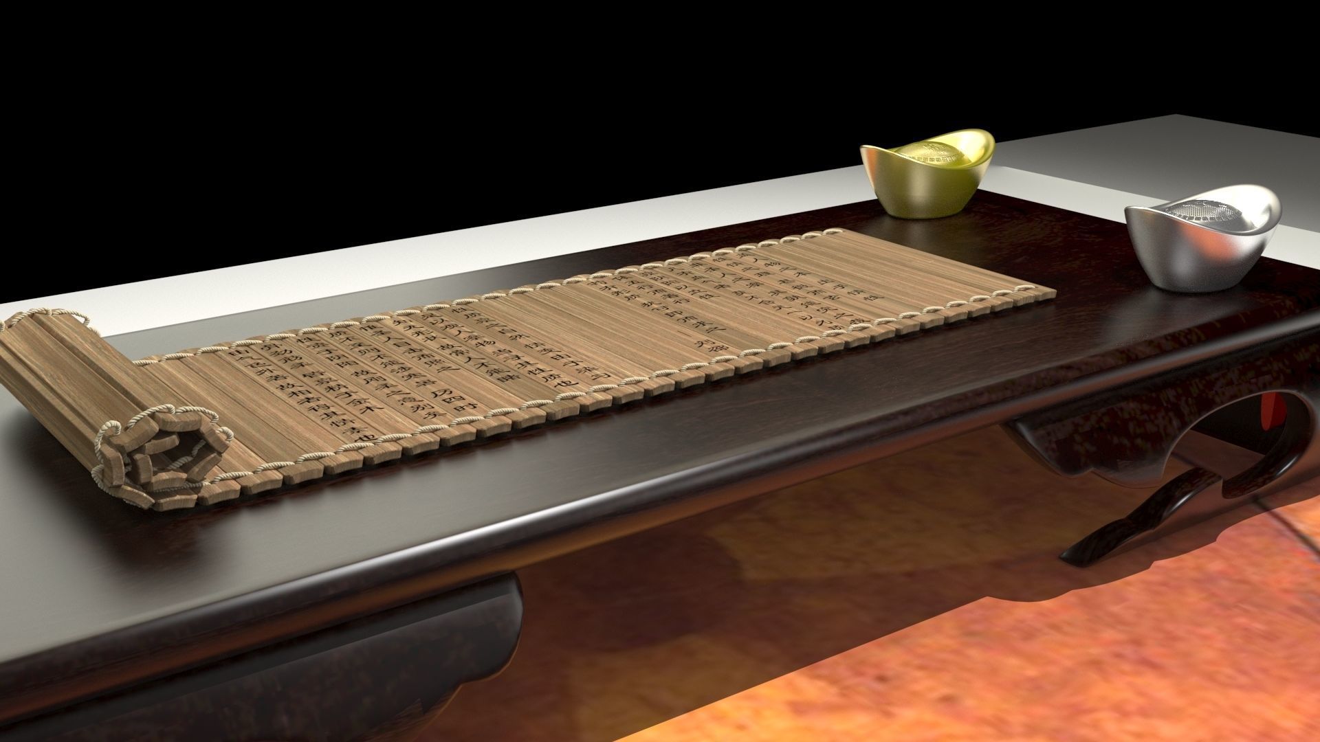 Chinese gold ingot with bamboo slip 3D model_3