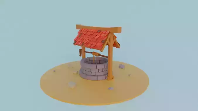 Well 3D low poly model water with roof