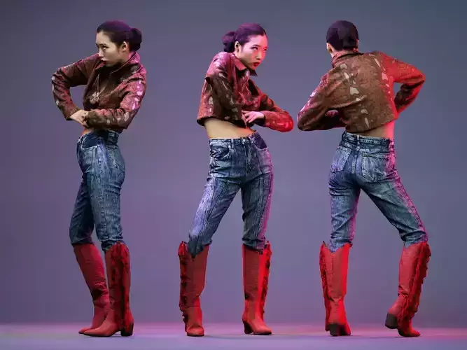 Asian wearing Tiger Jacket in Red boots Posing