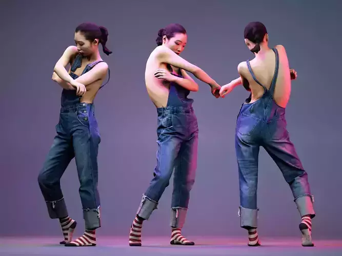 Girl dancing in Jeans Salopet and red striped socks