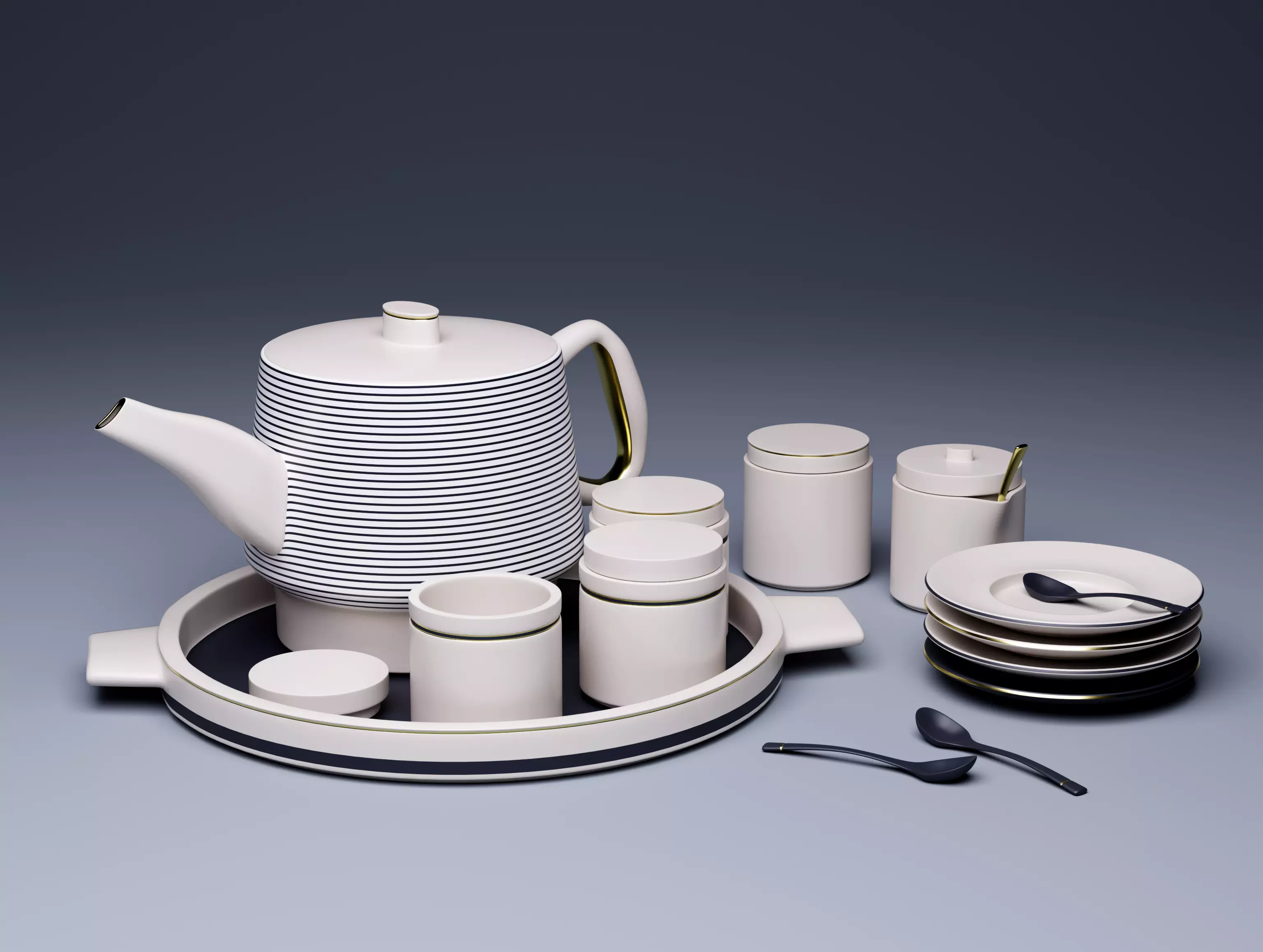 Tea Set 3D Model with Procedural Textures 3D model_0