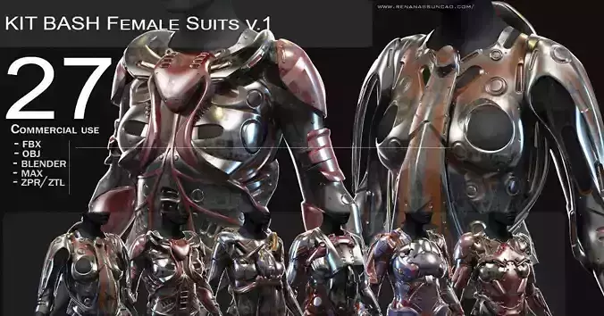 27 Female Scifi Suits KitBash with Uvs Plus ZTL  LP HP 3D model