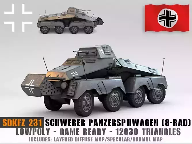 Low Poly SdKfz 231 8 Rad heavy recon car Low-poly 3D model