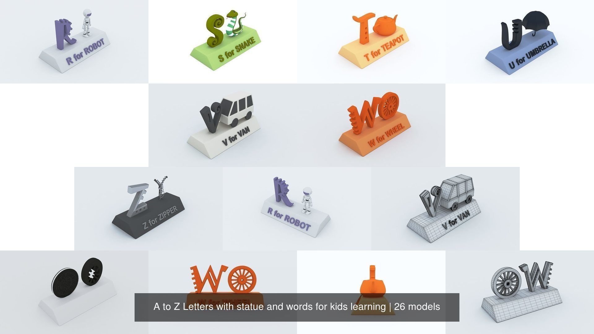 A to Z Letters with statue and words for kids learning 3D Model Collection_7